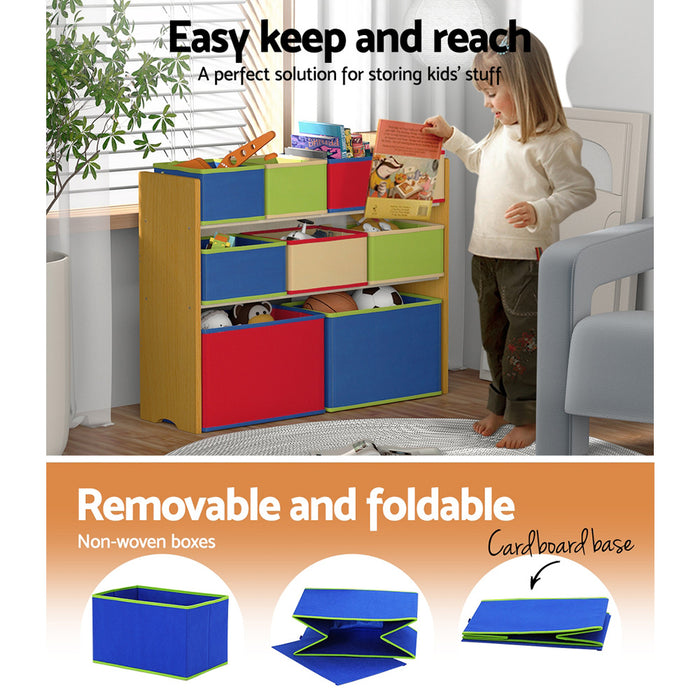Funzee Multi Shelf Storage Box Bin Organiser | 9 Bins Kids Toy Organiser Box | Childrens Bookshelf Storage Rack