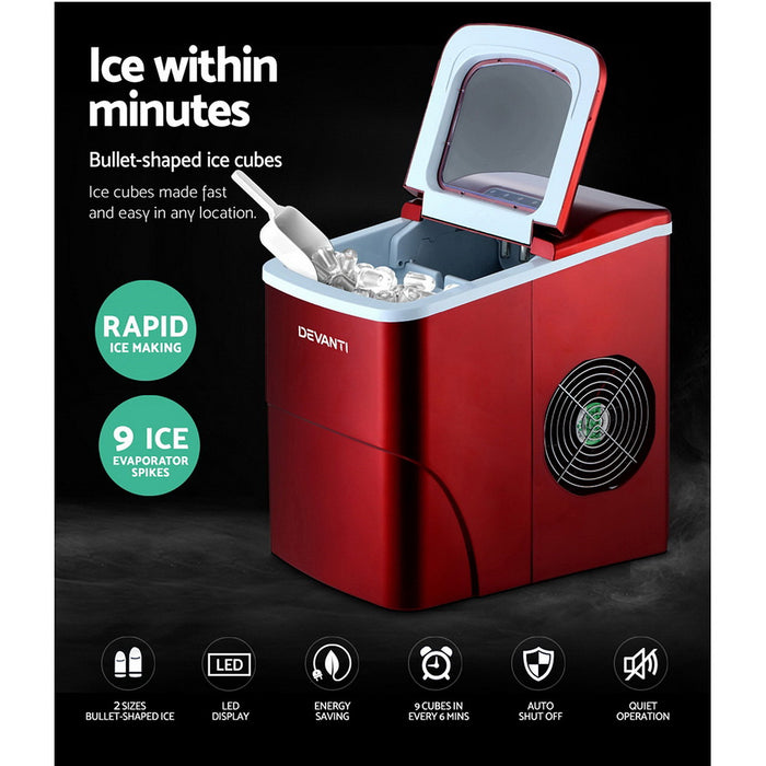 Portable Premium 2L Ice Maker Machine | Red Countertop Ice cube Making Machine