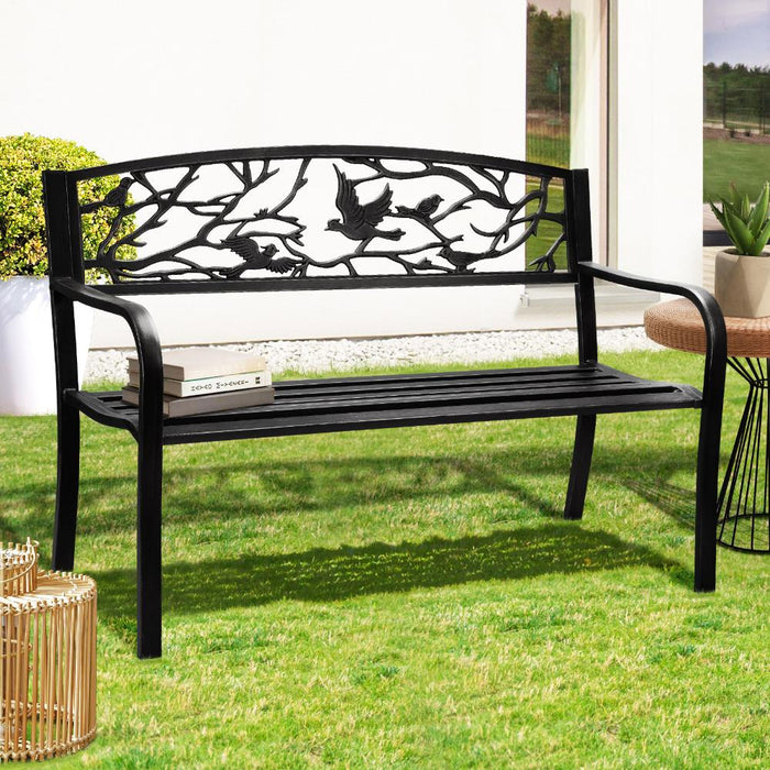 Cast Iron & Steel Bird Design Garden Bench | Outdoor Backyard Garden Bench in Black