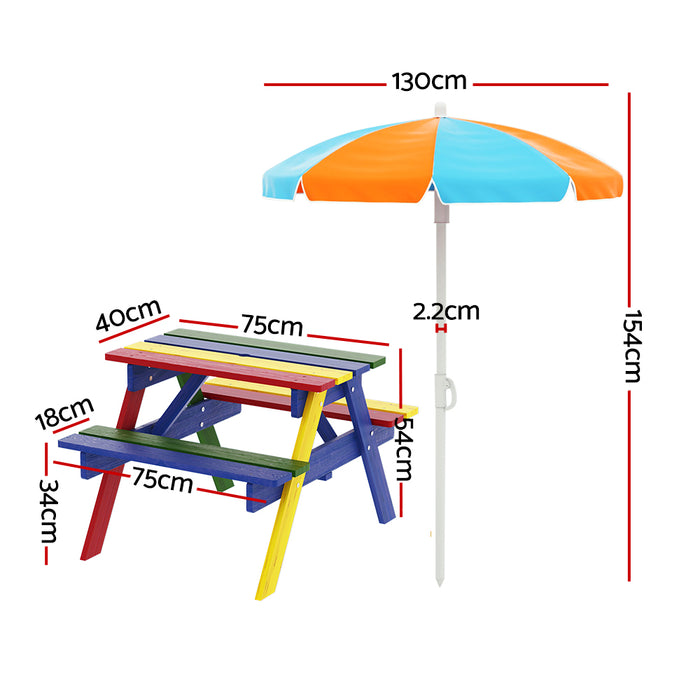 Funzee Colourful Kids Outdoor Table and Picnic Bench Seat with Umbrella | Kids Wooden Bench Seats