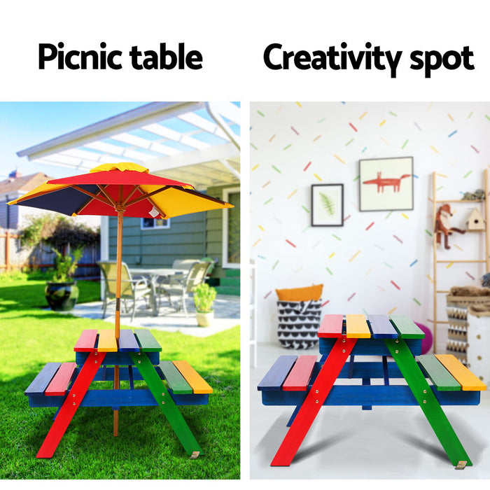Funzee Kids 4 Seat Colourful Wooden Picnic Table Set with Umbrella