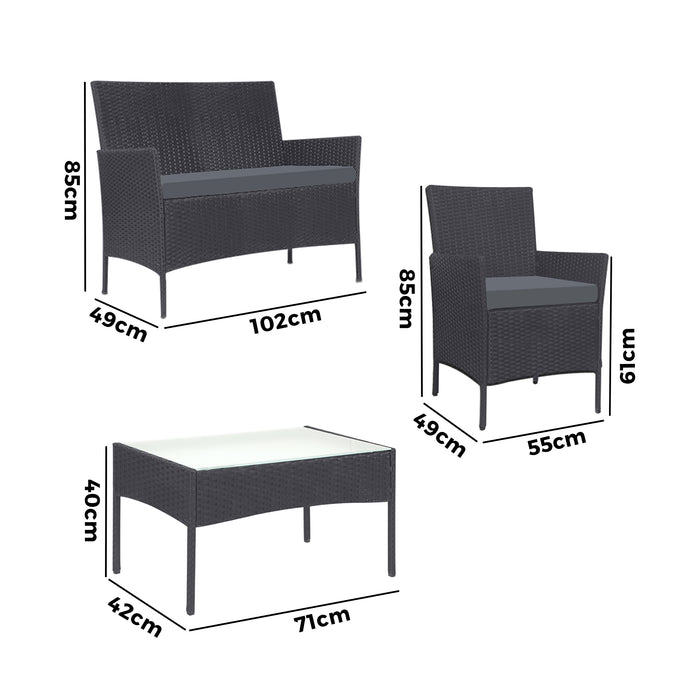 Carlo 4pc Outdoor Wicker Table and Chair Set | Grey Rattan Furniture Set with Cushions by Livsip