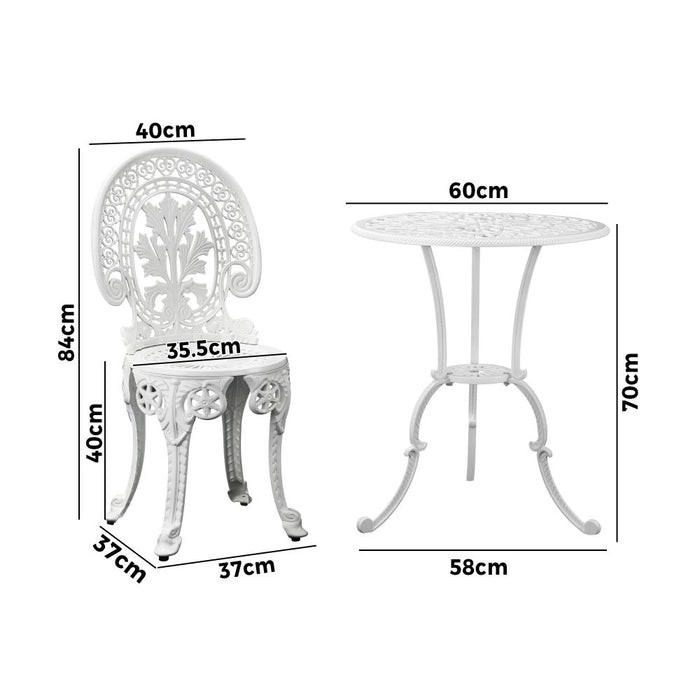 White 3pc Outdoor Bistro Table and Chair Set | Cast Aluminum Table Chair Garden Set by Livsip