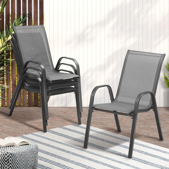 Mikanos Modern Outdoor Stackable Chairs | Two or Four Steel and Mesh Patio Chairs | Black or Grey