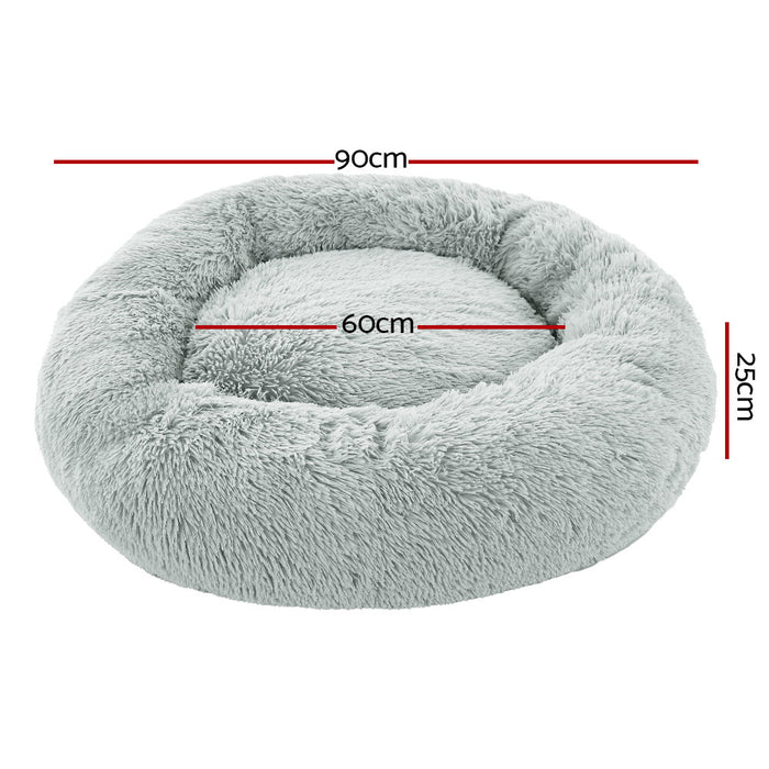 Large 90cm Plush Calming Pet Bed | Soft Removable Cover Dog Cat Bed - Light Grey