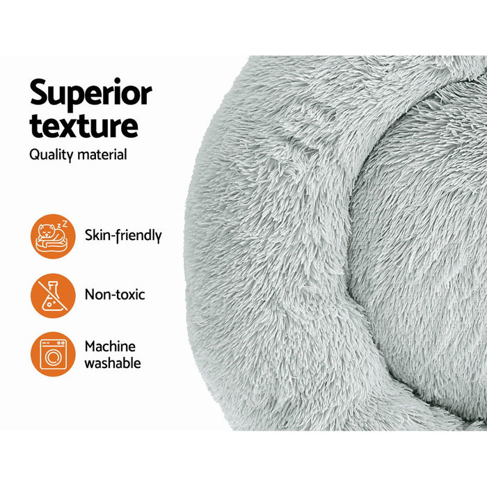Large 90cm Plush Calming Pet Bed | Soft Removable Cover Dog Cat Bed - Light Grey