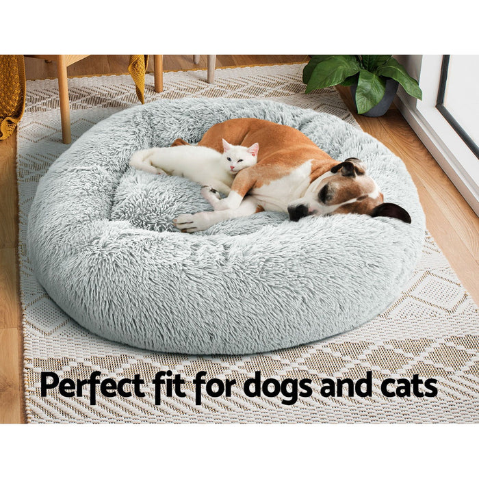 Large 90cm Plush Calming Pet Bed | Soft Removable Cover Dog Cat Bed - Light Grey