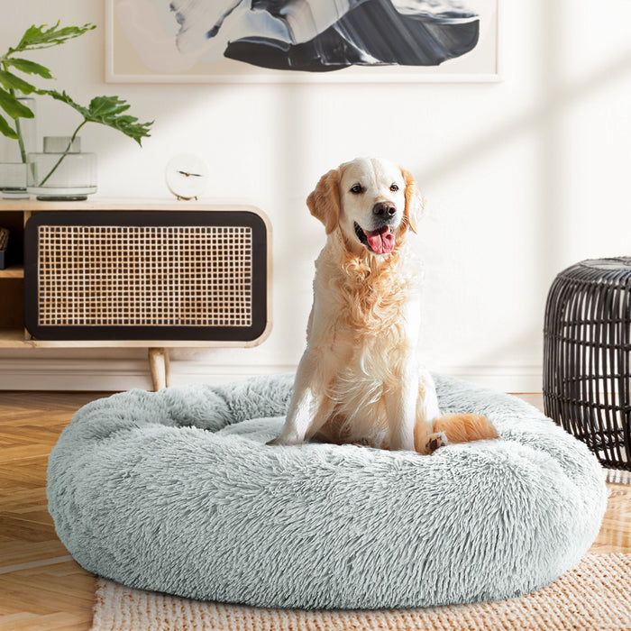 Large 90cm Plush Calming Pet Bed | Soft Removable Cover Dog Cat Bed - Light Grey