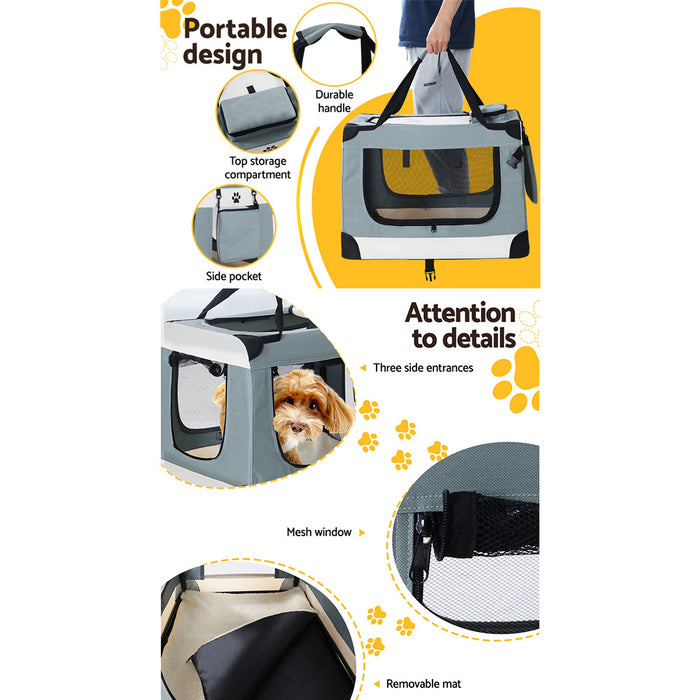 70cm Large Portable Soft Crate Pet Carrier | Foldable Travel Dog Cat Carrier - Light Grey