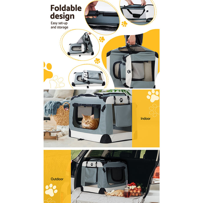 70cm Large Portable Soft Crate Pet Carrier | Foldable Travel Dog Cat Carrier - Light Grey