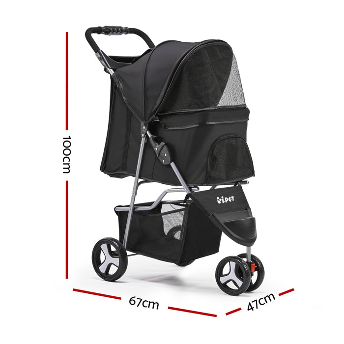 67cm Sturdy 3 Wheel Pet Stroller - Black