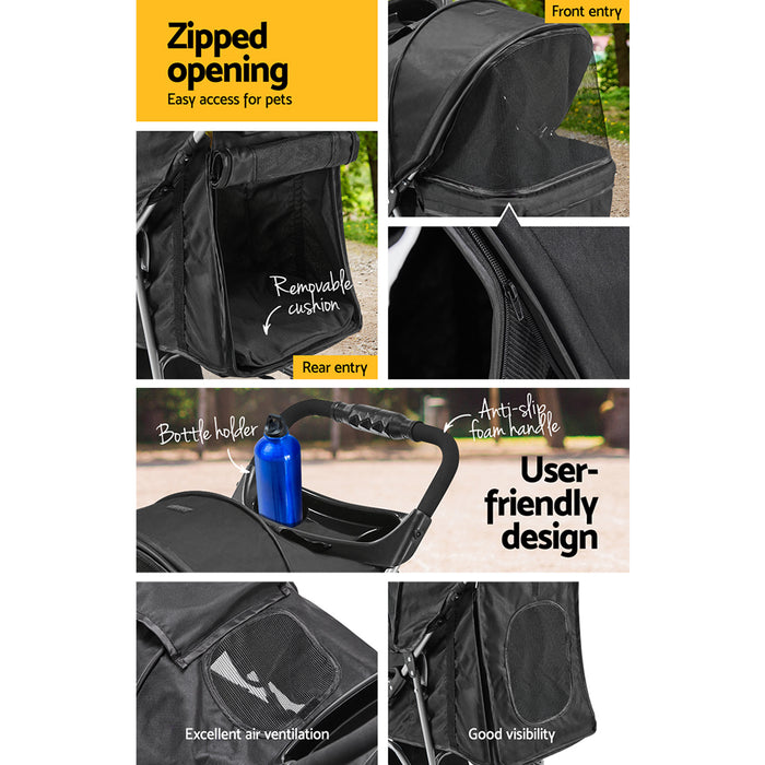 67cm Sturdy 3 Wheel Pet Stroller - Black