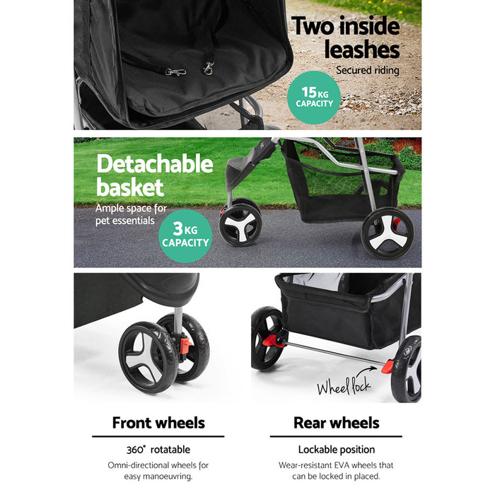 67cm Sturdy 3 Wheel Pet Stroller - Black