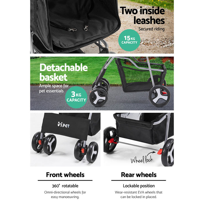 67cm Sturdy 4 Wheel Pet Stroller - Black