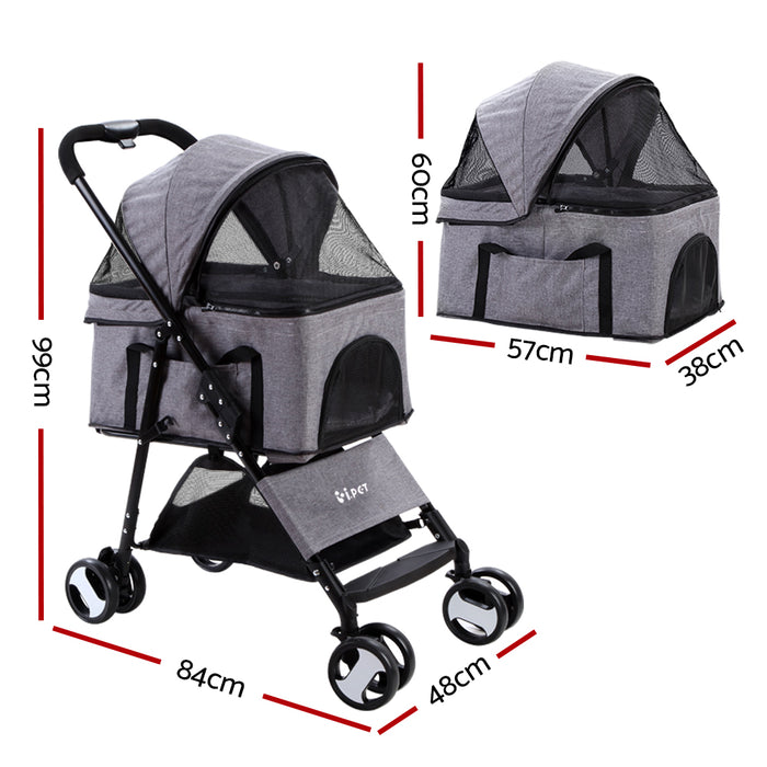 3 in 1 Medium Pet Stroller Pram | Foldable Travel Dog Cat Carrier Grey