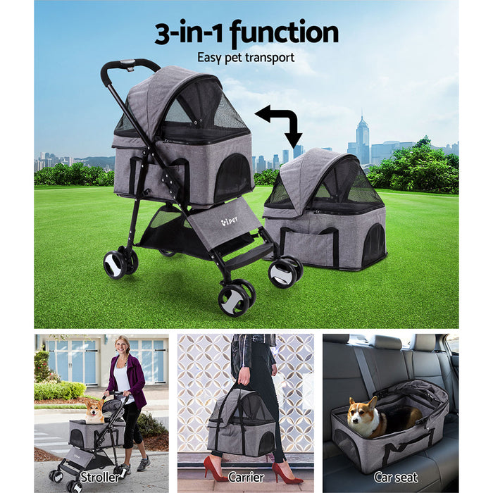 3 in 1 Medium Pet Stroller Pram | Foldable Travel Dog Cat Carrier Grey
