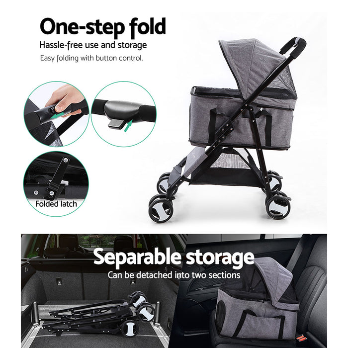 3 in 1 Medium Pet Stroller Pram | Foldable Travel Dog Cat Carrier Grey