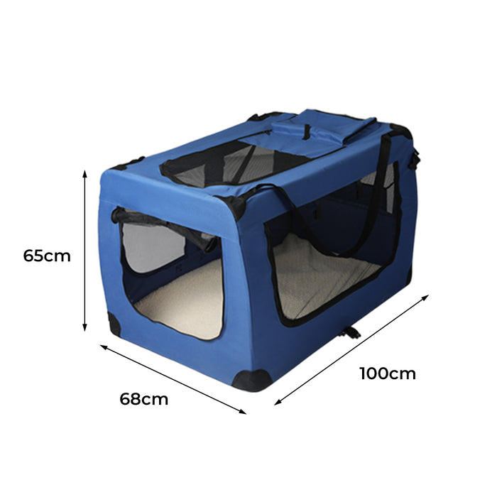 Deluxe Pet Travel Carrier | Folding Soft Sided Dog Crate | Blue Large