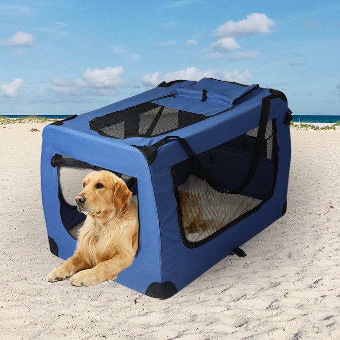 Deluxe Pet Travel Carrier | Folding Soft Sided Dog Crate | Blue Large