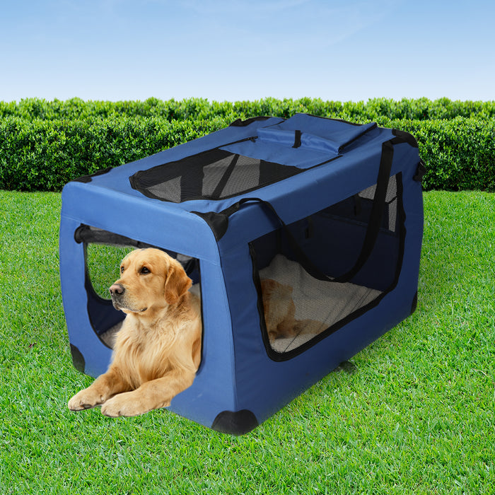Deluxe Pet Travel Carrier | Folding Soft Sided Dog Crate | Blue Large