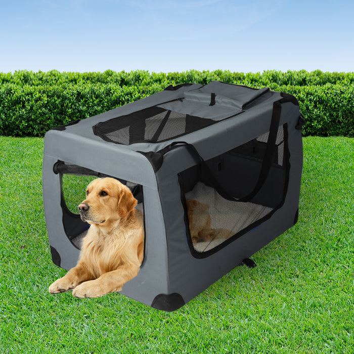 Deluxe Pet Travel Carrier | Folding Soft Sided Dog Crate | Grey Large