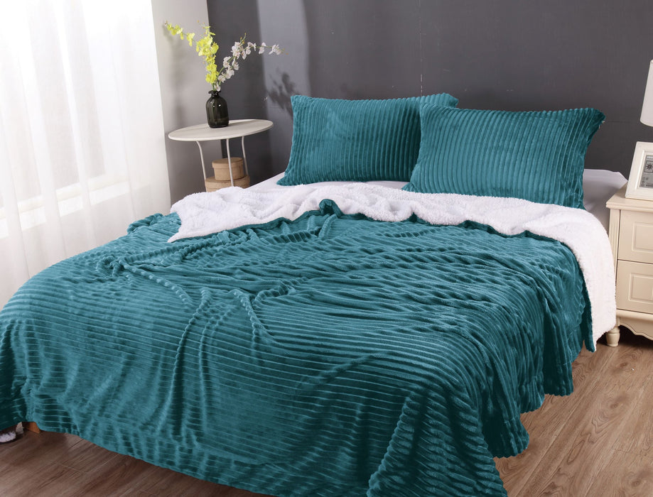 3pc Embossed Warm Sherpa Comforter Blanket Set | 4 Colours - 2 Sizes