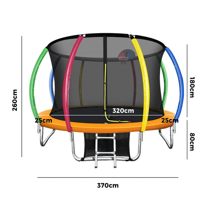 12FT/3.7m Premium Kids Trampoline with Basketball Set | Rainbow Safe Fully Enclosed Outdoor Play Trampoline by Mazam