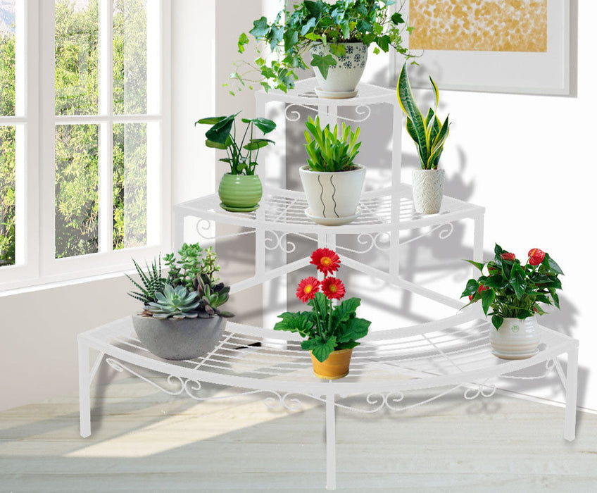 Set of Two Natura Metal Plant Stands | Outdoor Indoor Flower 7 Pot Corner Rack in White