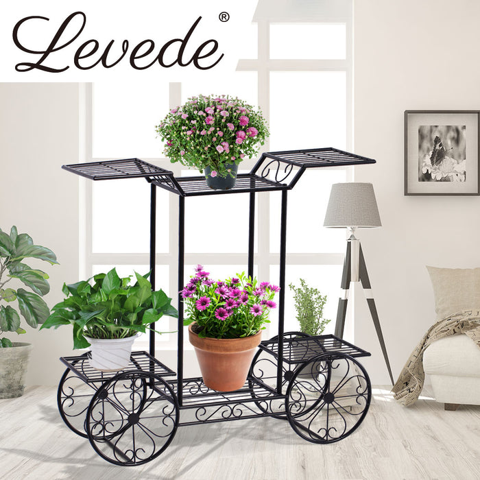 Set of Two Natura Metal Plant Stands | Outdoor Indoor Flower 6 Pot Bicycle Rack in Black