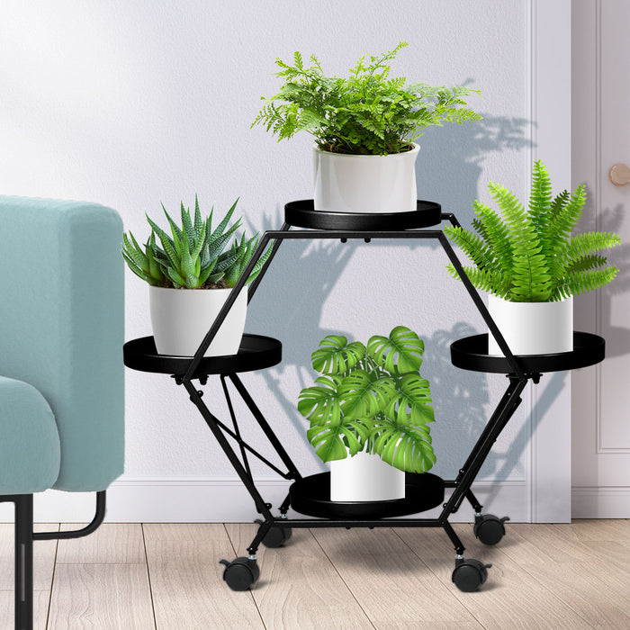 Natura 3 Tier Metal Plant Stand on Wheels | Flower Pot Shelves and Stand Black