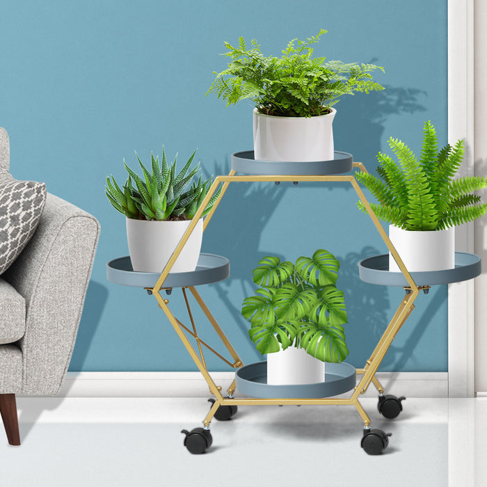 Natura 3 Tier Metal Plant Stand on Wheels | Flower Pot Shelves and Stand Grey