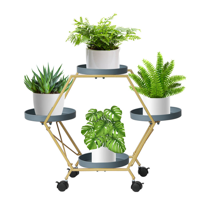 Natura 3 Tier Metal Plant Stand on Wheels | Flower Pot Shelves and Stand Grey