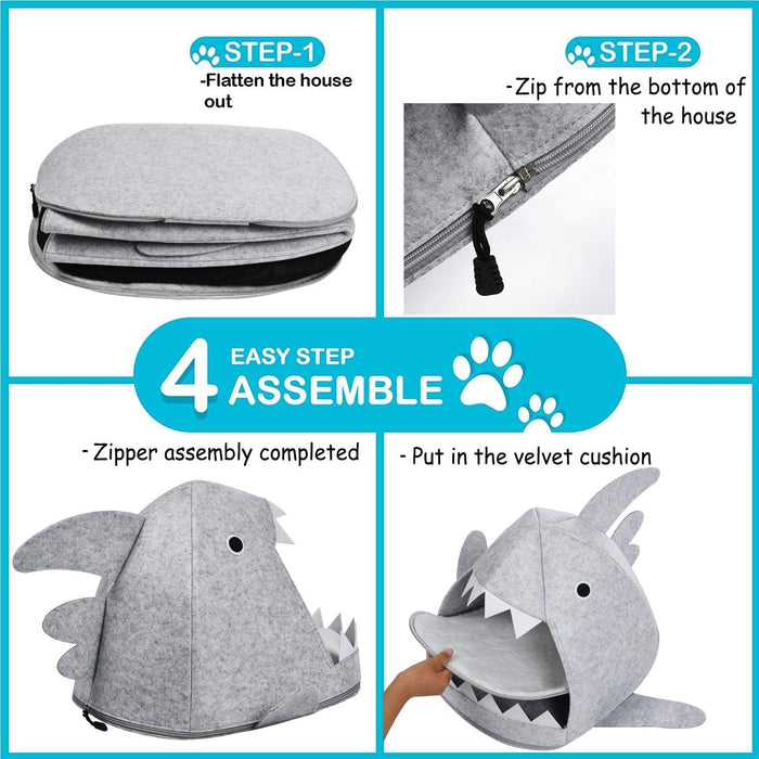 Cozy Shark Pet Cave Bed for Cats and Small Dogs in Light Grey