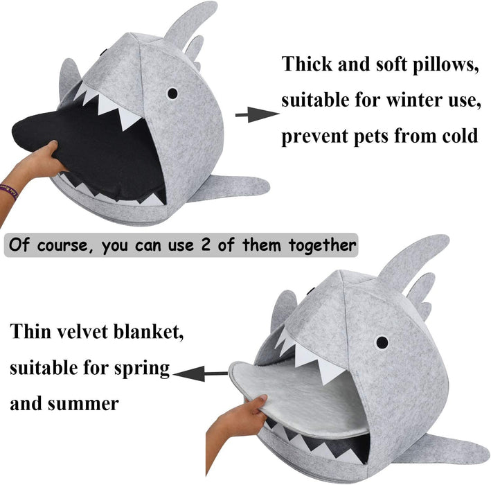 Cozy Shark Pet Cave Bed for Cats and Small Dogs in Light Grey