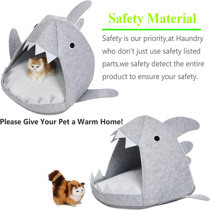 Cozy Shark Pet Cave Bed for Cats and Small Dogs in Light Grey