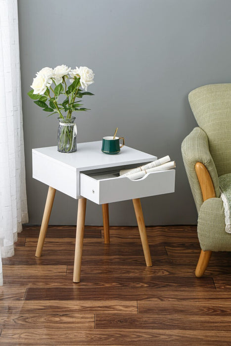 Mara Scandi Wooden Bedside Table in White | Sleek Nightstand Drawer Lamp Table