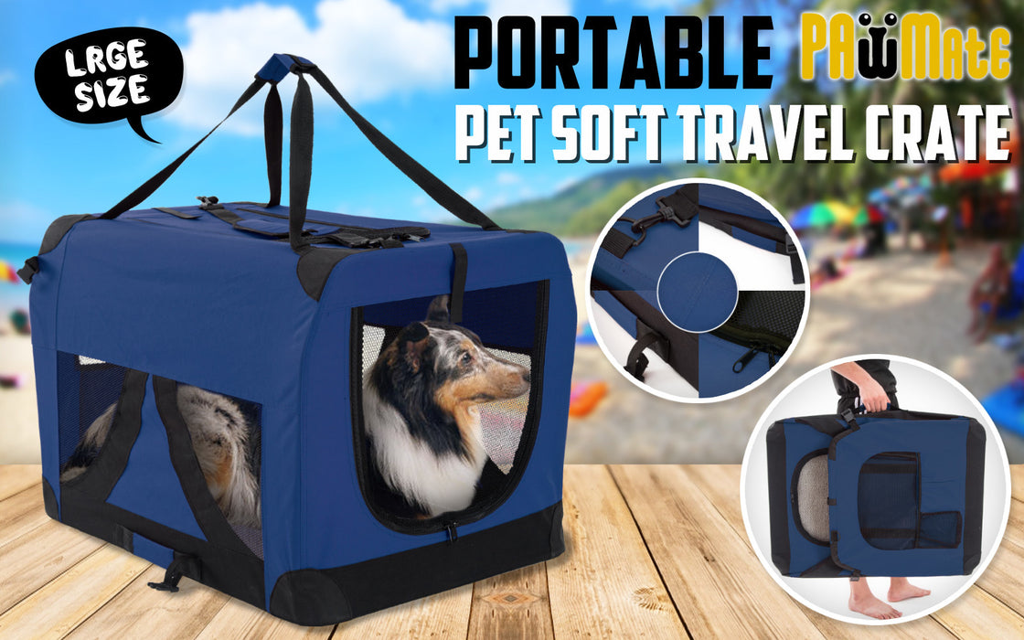 70cm Large Portable Soft Crate Pet Carrier | Foldable Travel Dog Cat Carrier - Blue
