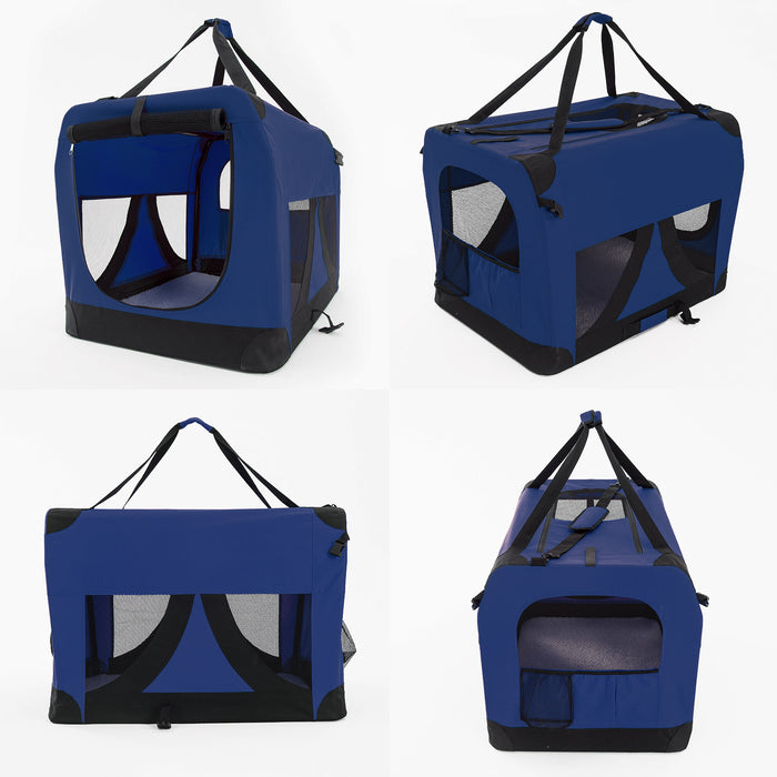 70cm Large Portable Soft Crate Pet Carrier | Foldable Travel Dog Cat Carrier - Blue