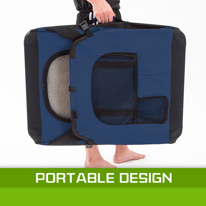 70cm Large Portable Soft Crate Pet Carrier | Foldable Travel Dog Cat Carrier - Blue