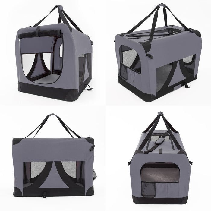 Large Portable Soft Crate Pet Carrier | Foldable Travel Dog Cat Carrier - Grey