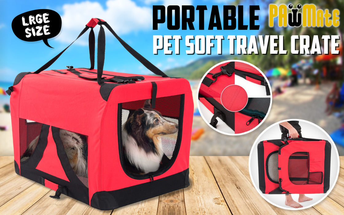 70cm Large Portable Soft Crate Pet Carrier | Foldable Travel Dog Cat Carrier - Red