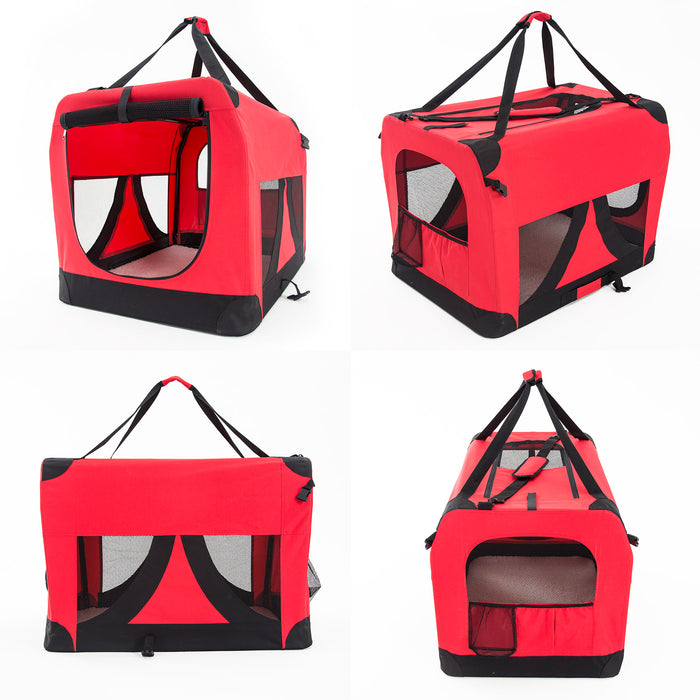 70cm Large Portable Soft Crate Pet Carrier | Foldable Travel Dog Cat Carrier - Red