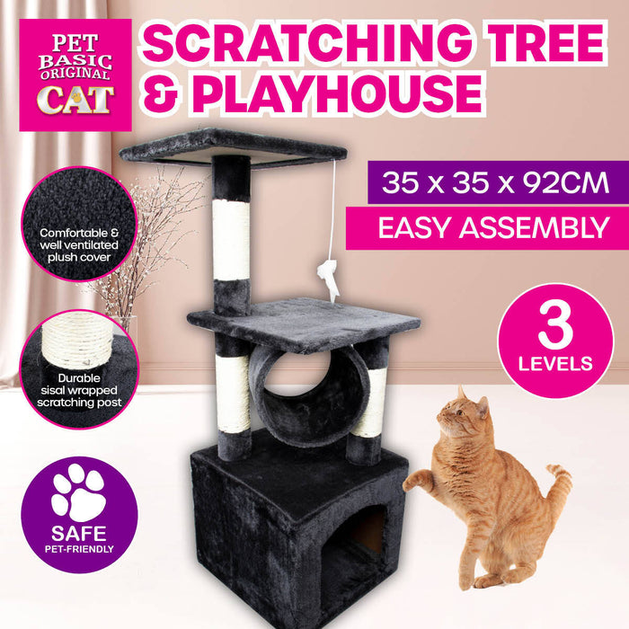 92cm 3 Level Cat Scratch Tree Playhouse | Cat Fun Climb Rest House