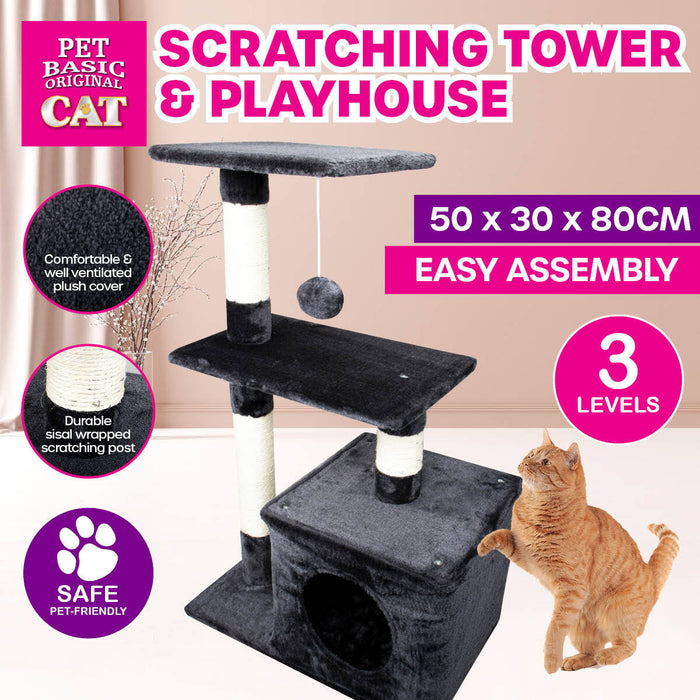 80cm 3 Level Cat Scratching Tower | Cat Playhouse Scratch House