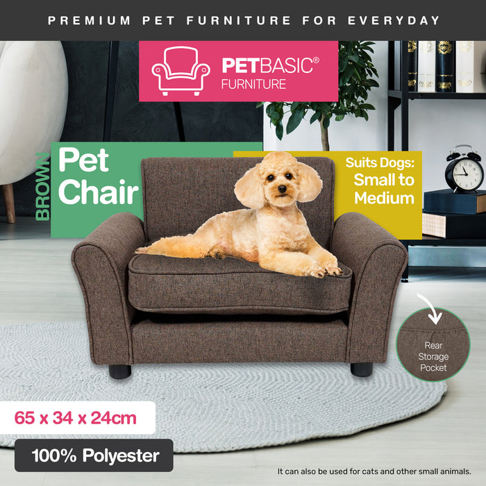 65cm Luxury Washable Pet Chair Fabric Bed | Stylish Sturdy Pet Sofa Bed Dog or Cat - Brown