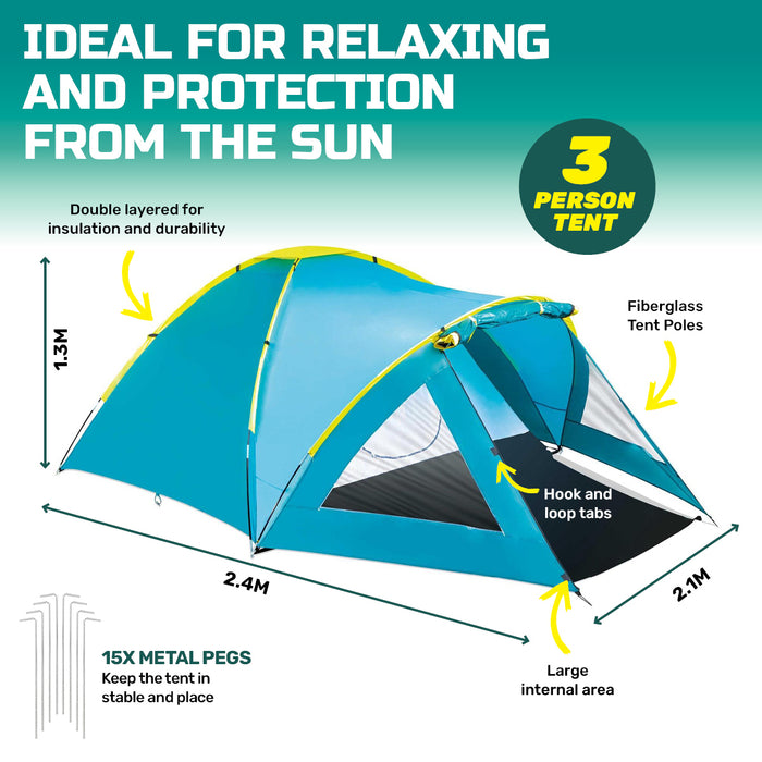 3 Person 2.4m x 2.1m UV Protected Beach and Camping Tent