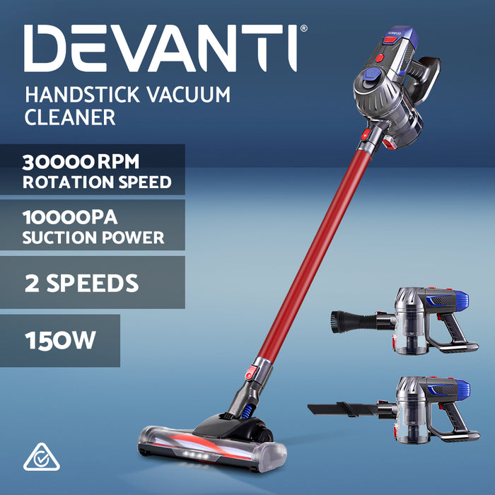 2-Speed with Headlight 150W Stick Handstick Vacuum Cleaner | Red Cordless Vacuum Cleaner