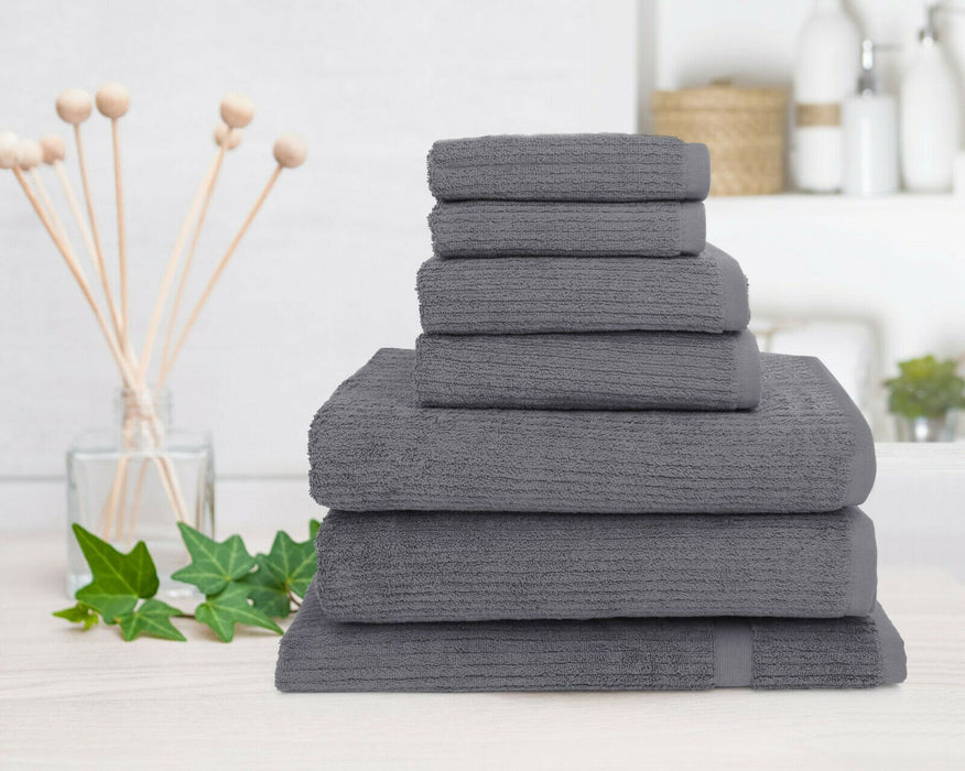 Premium 100% Cotton Ribbed Towel Set | 7 Or 14pc Set | Luxury Absorbant Cotton Towels | 6 Colours Bath Towels & Washcloths 7pc Towel Set / Charcoal Ontrendideas Bed and Bath