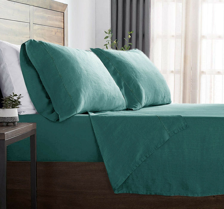 Premium Touch  French Linen Cotton Sheet Set | Luxury Breathable Linen Tencel Sheets | 5 Sizes - 6 Colours Bed Sheets Single / Teal Ontrendideas Bed and Bath