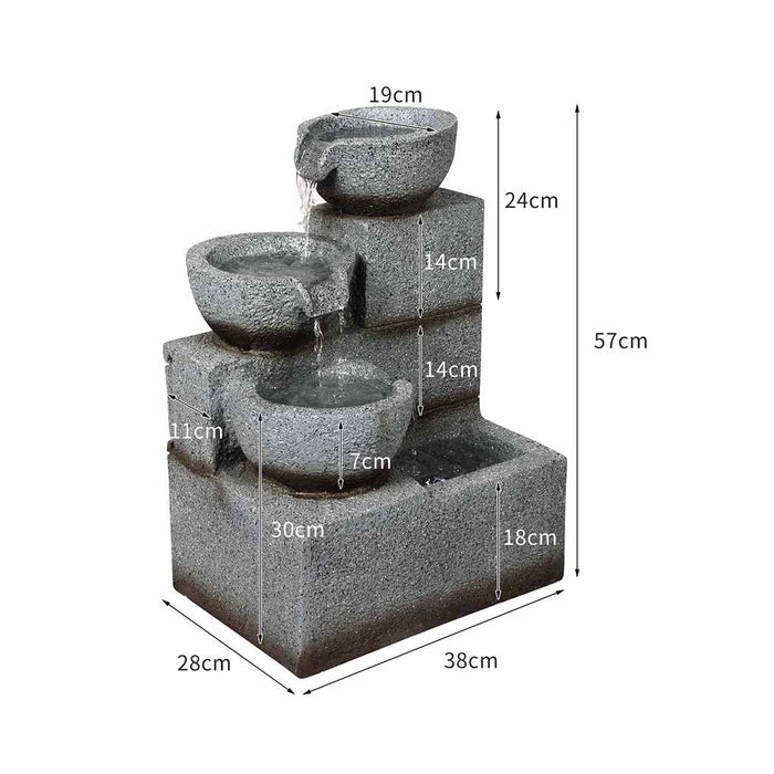 Deluxe 3 Tier Electric Water Fountain | Decorative Water Feature Electric Powered in Grey